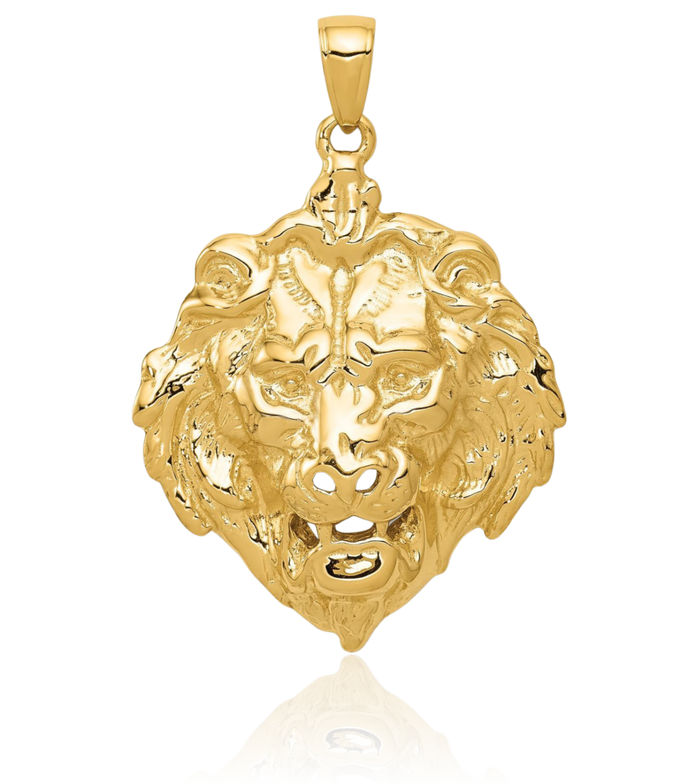 14K Solid Yellow Gold Lion Head Necklace Chain Pendant Charm