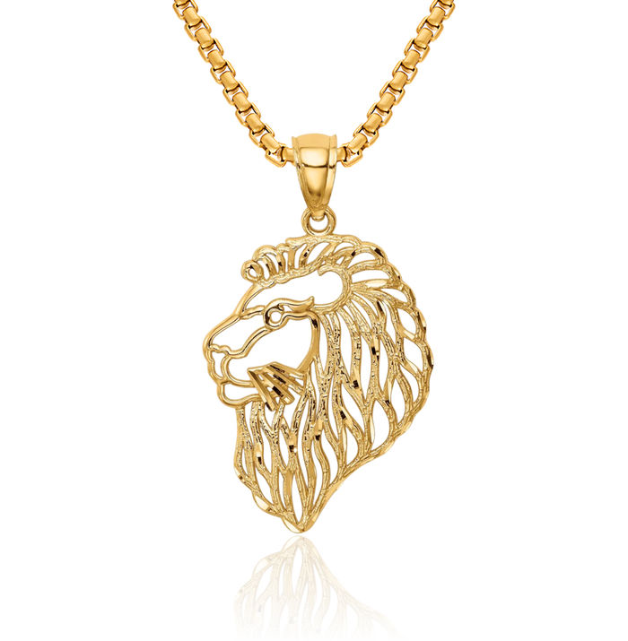 14K Solid Yellow Gold Lion Head Necklace Chain Pendant Charm