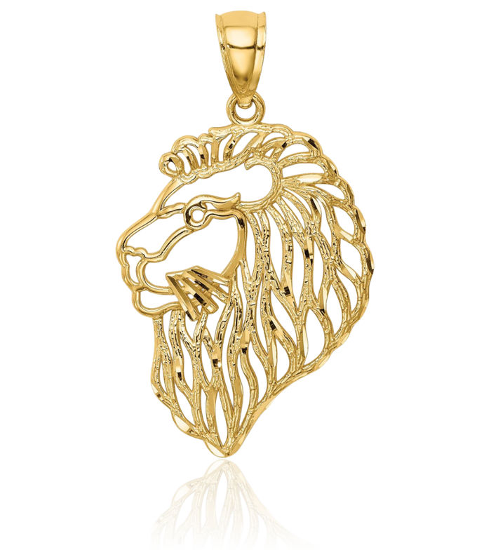 14K Solid Yellow Gold Lion Head Necklace Chain Pendant Charm