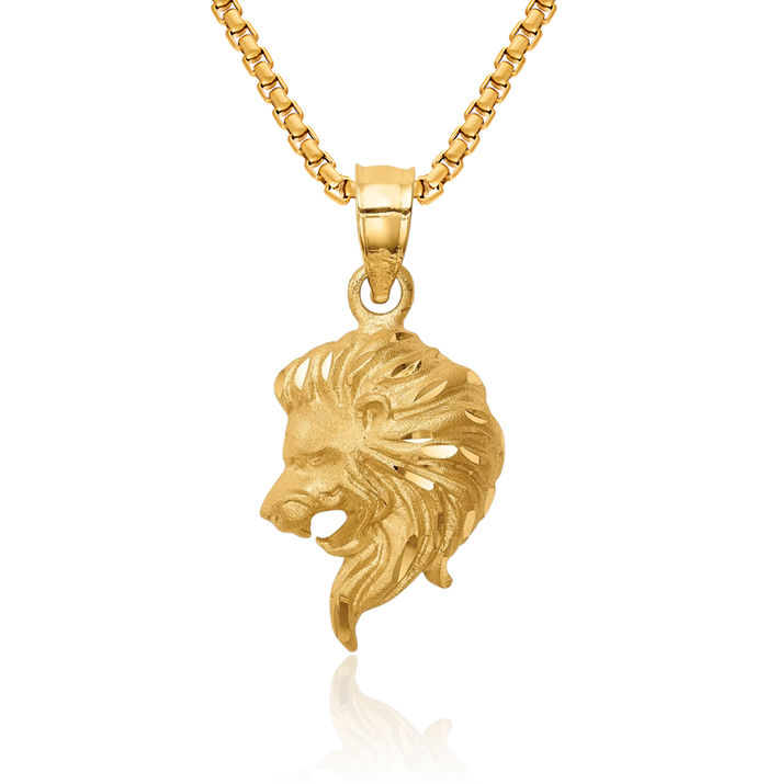 14K Solid Yellow Gold Lion Head Necklace Chain Pendant Charm
