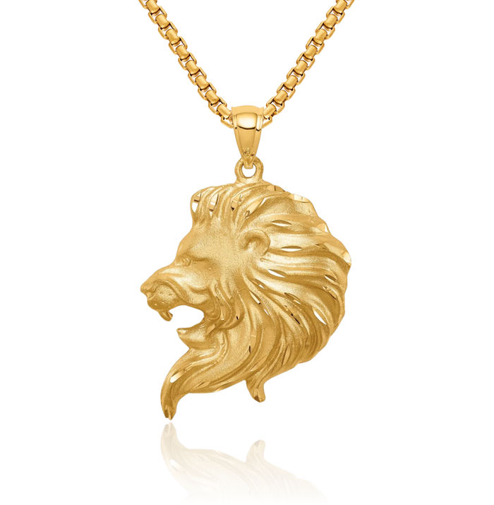 14K Solid Yellow Gold Lion Head Necklace Chain Pendant Charm