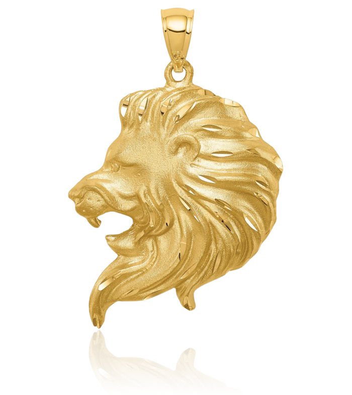 14K Solid Yellow Gold Lion Head Necklace Chain Pendant Charm