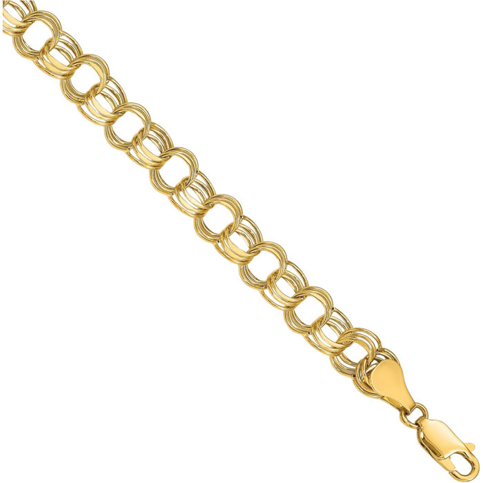 14K Solid Yellow Gold Lite 7mm Triple Link Chain Charm Bracelet