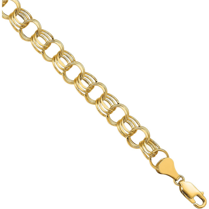 14K Solid Yellow Gold Lite 8mm Triple Link Chain Charm Bracelet