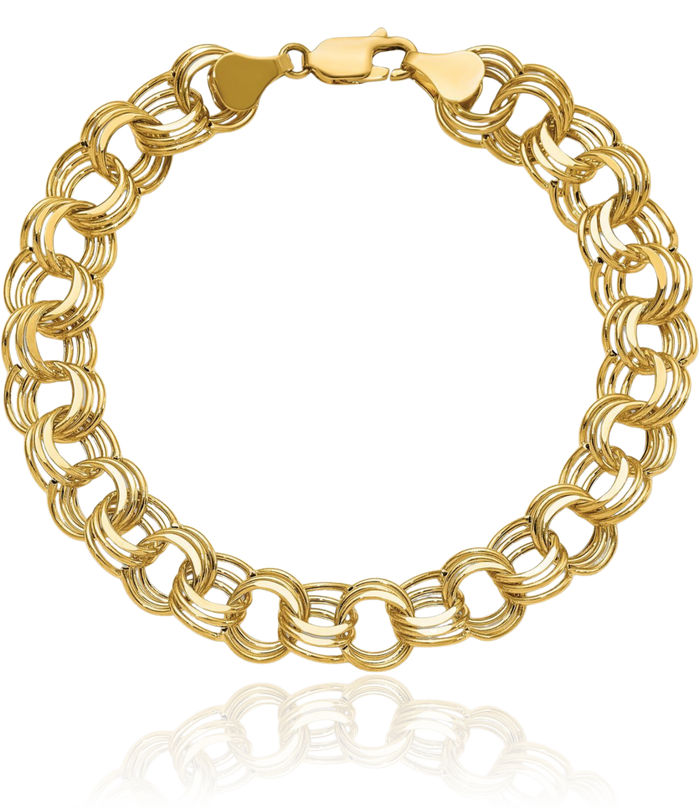 10K Solid Yellow Gold Lite 7mm Triple Link Chain Charm Bracelet