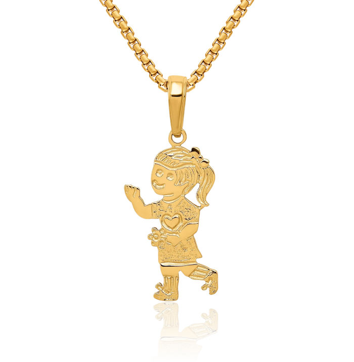 14K Solid Yellow Gold Little Girl Flowers Necklace Chain Pendant Charm