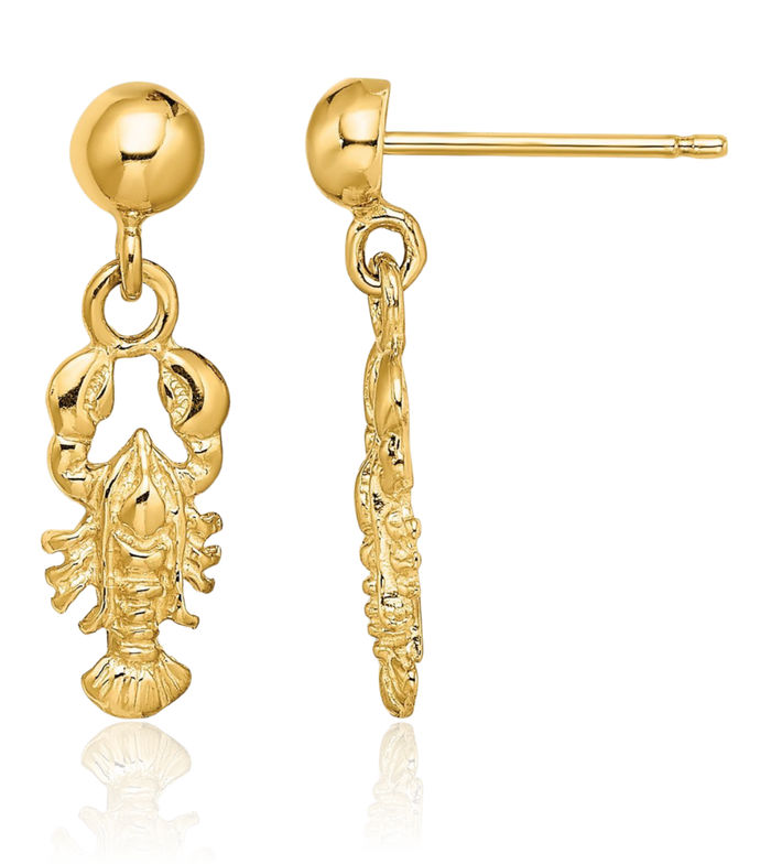 14K Solid Yellow Gold Lobster Post Drop Dangle Earrings