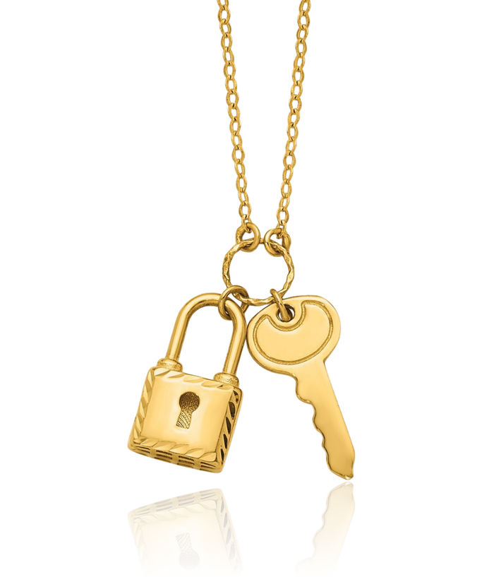 14K Solid Yellow Gold Lock Key Necklace Chain