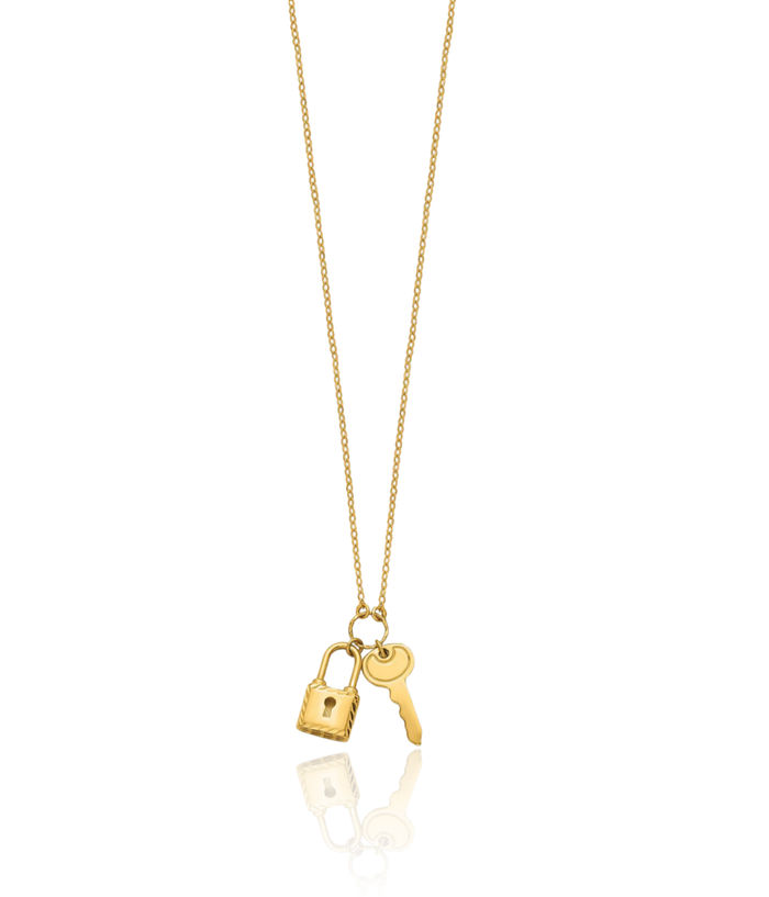 14K Solid Yellow Gold Lock Key Necklace Chain