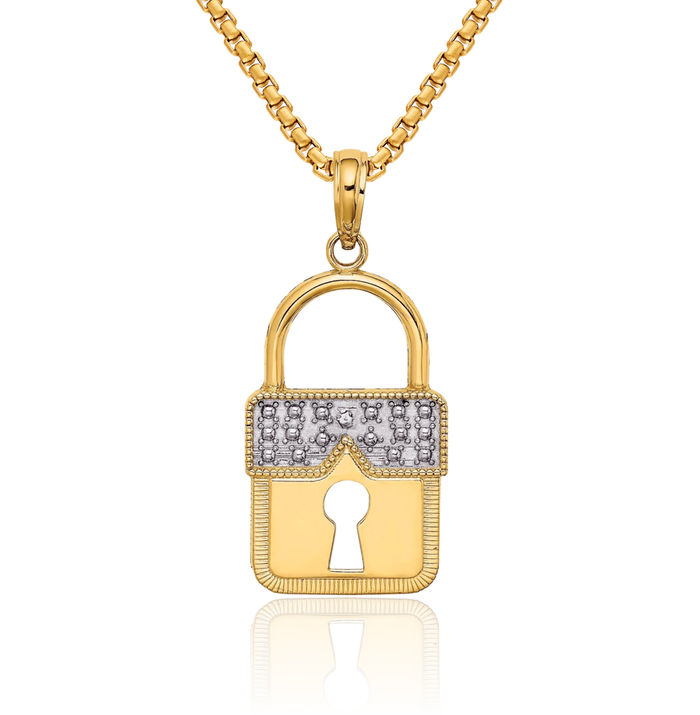 14K Solid Yellow Gold Lock Necklace Chain Pendant Charm