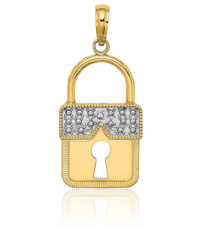 14K Solid Yellow Gold Lock Necklace Chain Pendant Charm