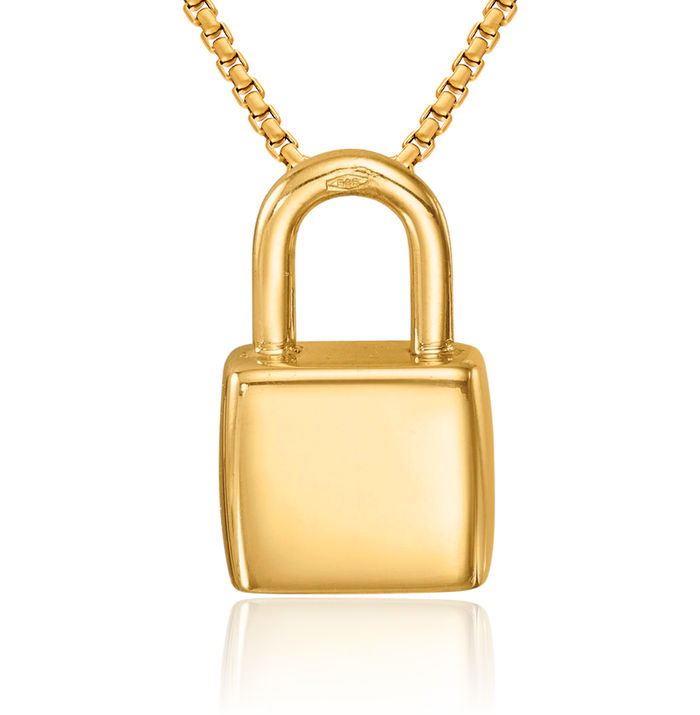 14K Solid Yellow Gold Lock Necklace Chain Pendant Charm