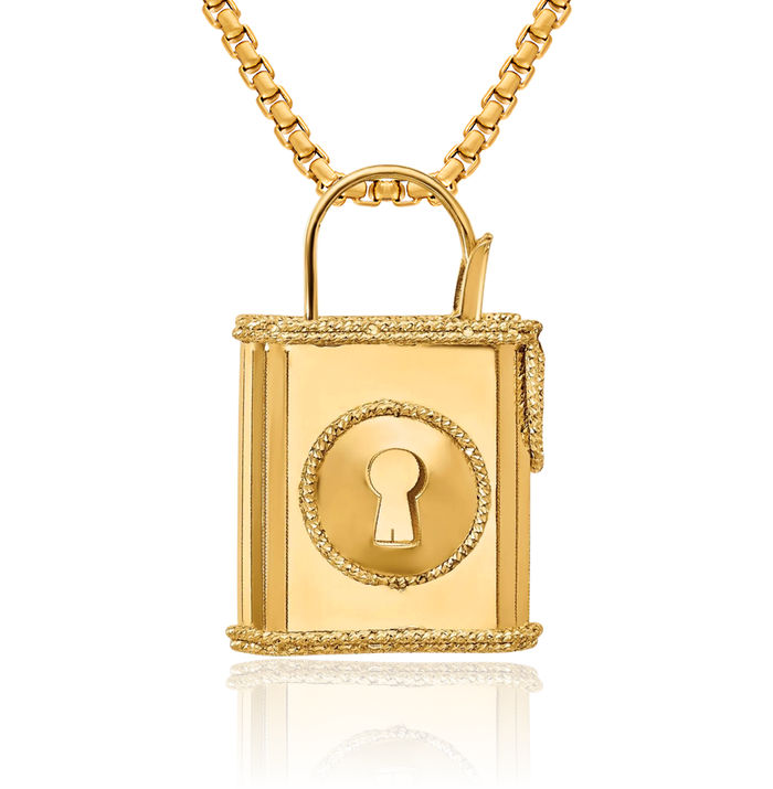14K Solid Yellow Gold Lock Necklace Chain Pendant Charm