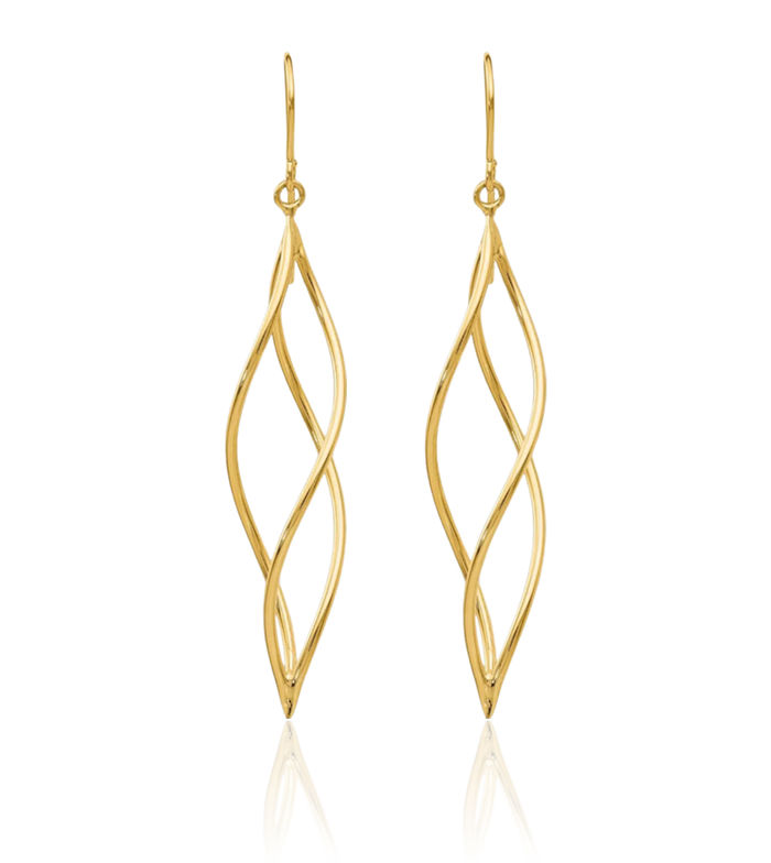 14K Solid Yellow Gold Long Twisted Drop Dangle Earrings