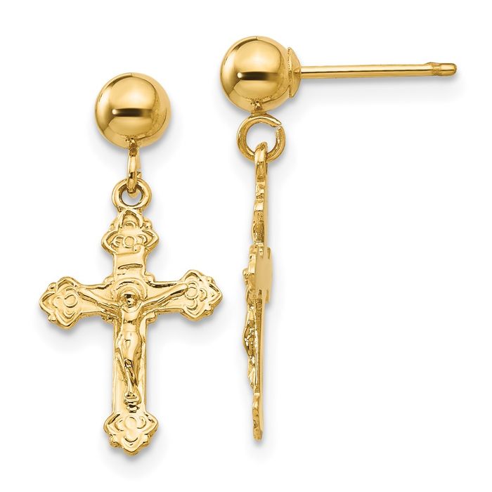 14K Solid Yellow Gold Lord Jesus Christ Crucifix Holy Hanging Cross Christian Religious Drop Dangle Earrings