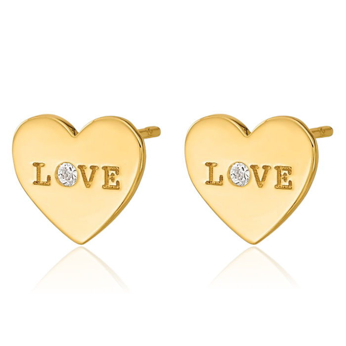 14K Solid Yellow Gold Love Cubic Zirconia CZ Heart Stud Earrings