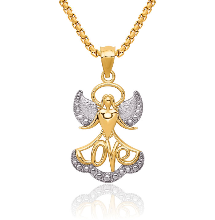 14K Solid Yellow Gold Love Guardian Angel Wings Necklace Protect Us Cherub Pendant Religious Charm