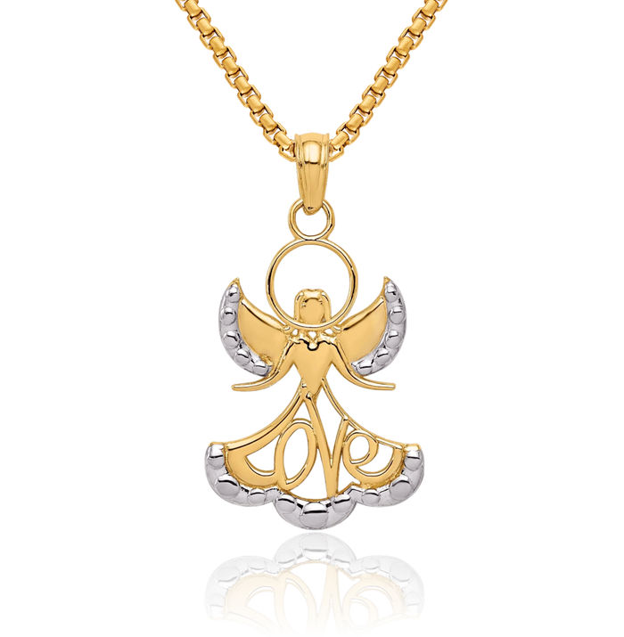 14K Solid Yellow Gold Love Guardian Angel Wings Necklace Protect Us Cherub Pendant Religious Charm