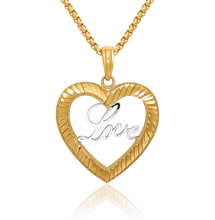 14K Solid Yellow Gold Love Heart Necklace Chain Pendant Charm