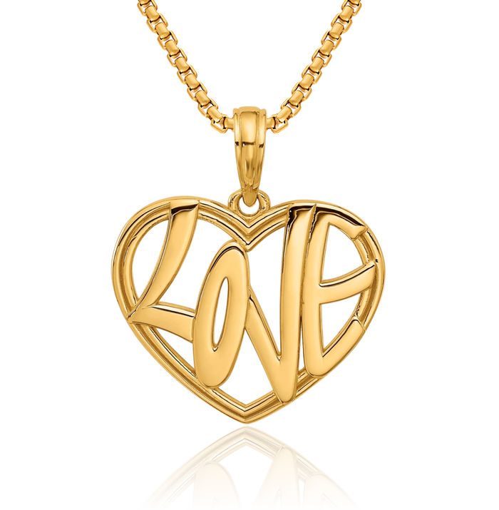 14K Solid Yellow Gold Love Heart Necklace Chain Pendant Charm