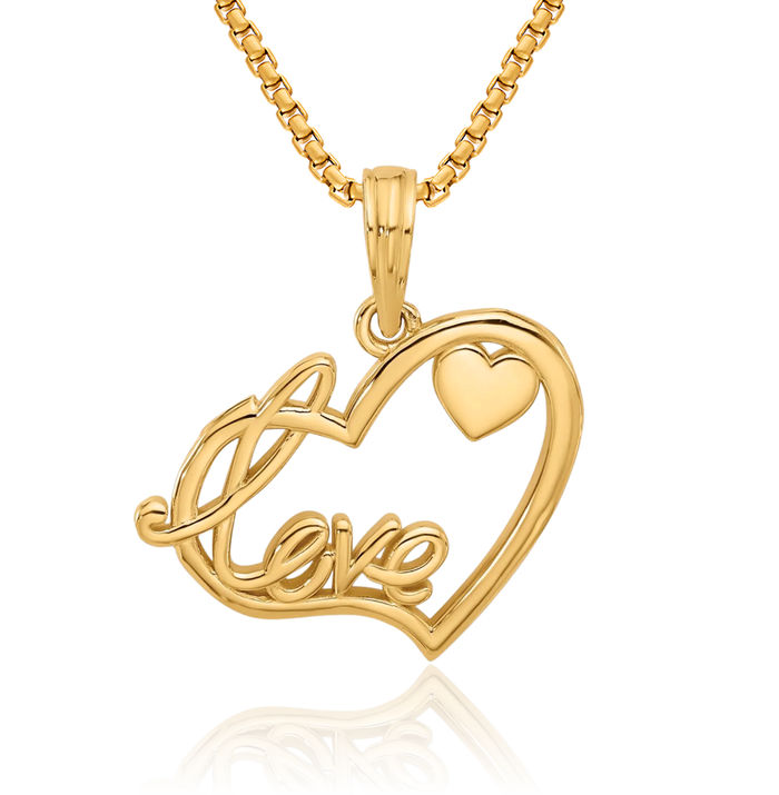 14K Solid Yellow Gold Love Heart Necklace Chain Pendant Charm
