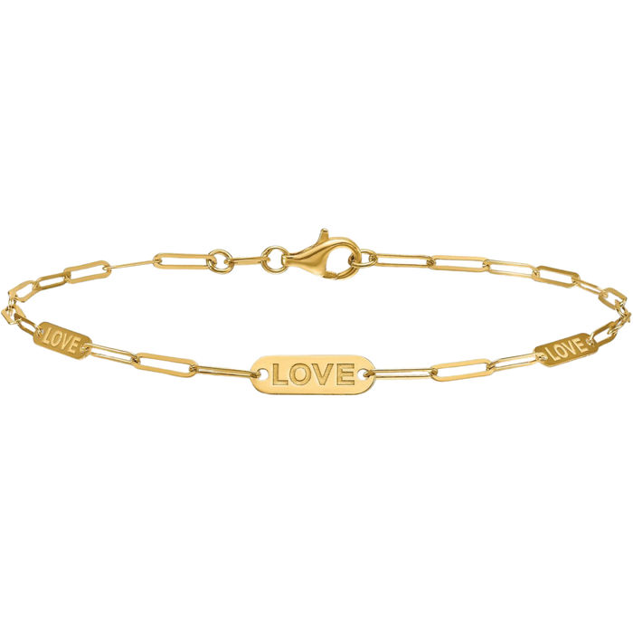 14K Solid Yellow Gold Love Paperclip Cable Rolo Link Chain Charm Bracelet