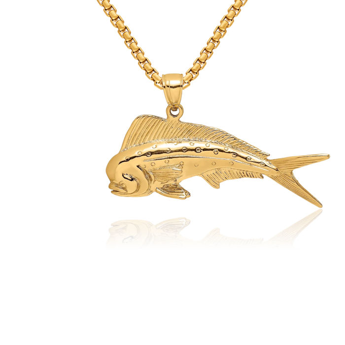 14K Solid Yellow Gold Male Dorado Mahi Necklace Chain Pendant Charm