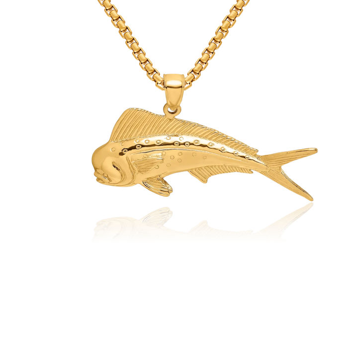 14K Solid Yellow Gold Male Dorado Mahi Necklace Chain Pendant Charm