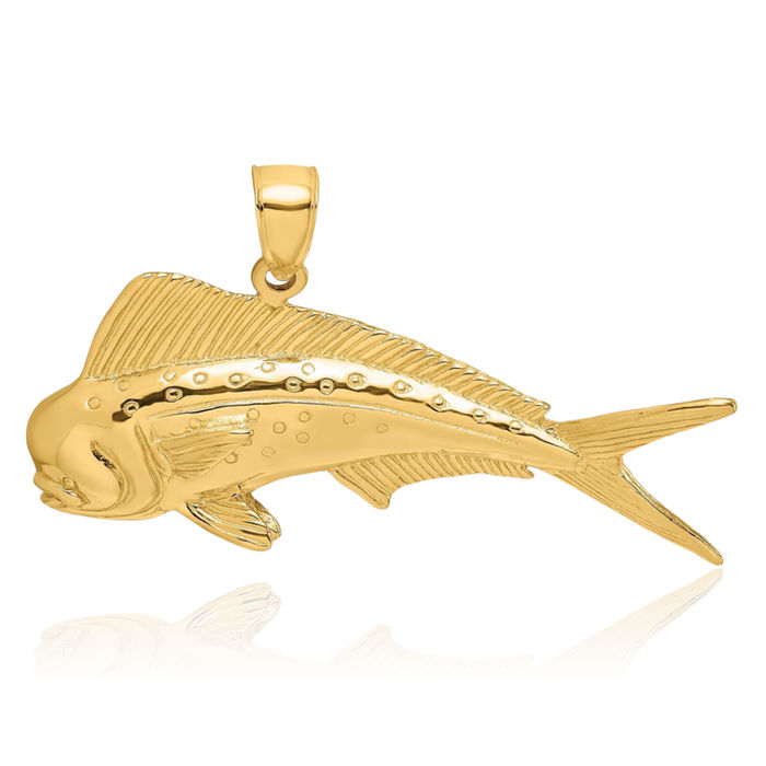 14K Solid Yellow Gold Male Dorado Mahi Necklace Chain Pendant Charm