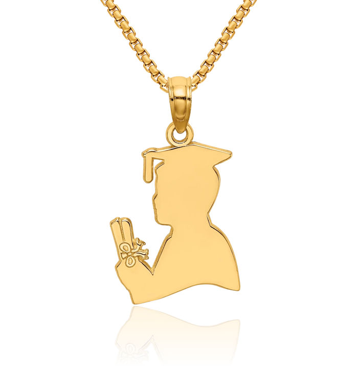 14K Solid Yellow Gold Male Graduation Profile Necklace Chain Pendant Charm