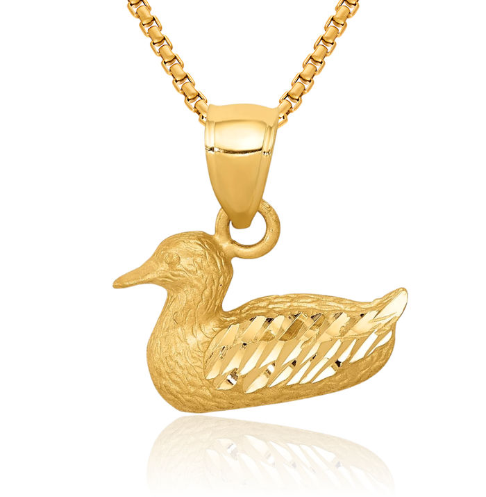 14K Solid Yellow Gold Mallard Duck Good Luck Bird Necklace Chain Pendant Charm