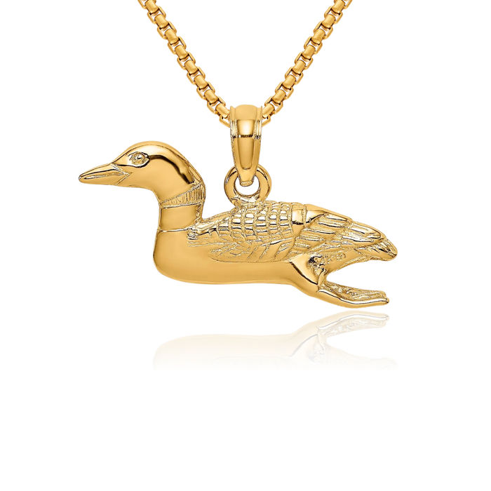 14K Solid Yellow Gold Mallard Duck Good Luck Bird Necklace Chain Pendant Charm