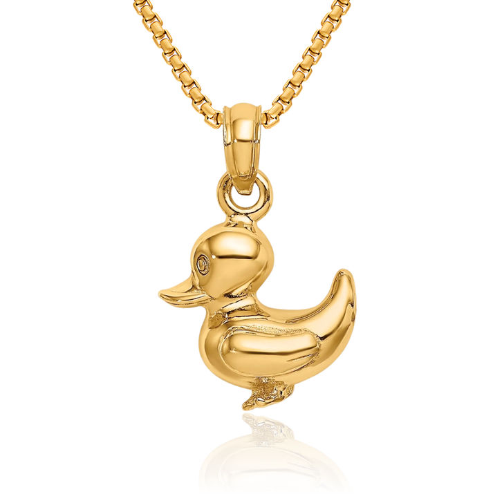 14K Solid Yellow Gold Mallard Duck Good Luck Bird Necklace Chain Pendant Charm