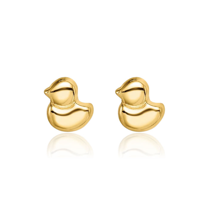 14K Solid Yellow Gold Mallard Duck Good Luck Bird Stud Earrings