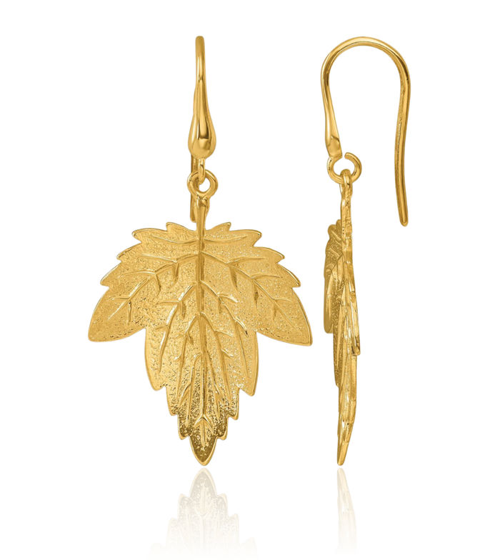 14K Solid Yellow Gold Maple Leaf Shephard Hook Drop Dangle Earrings