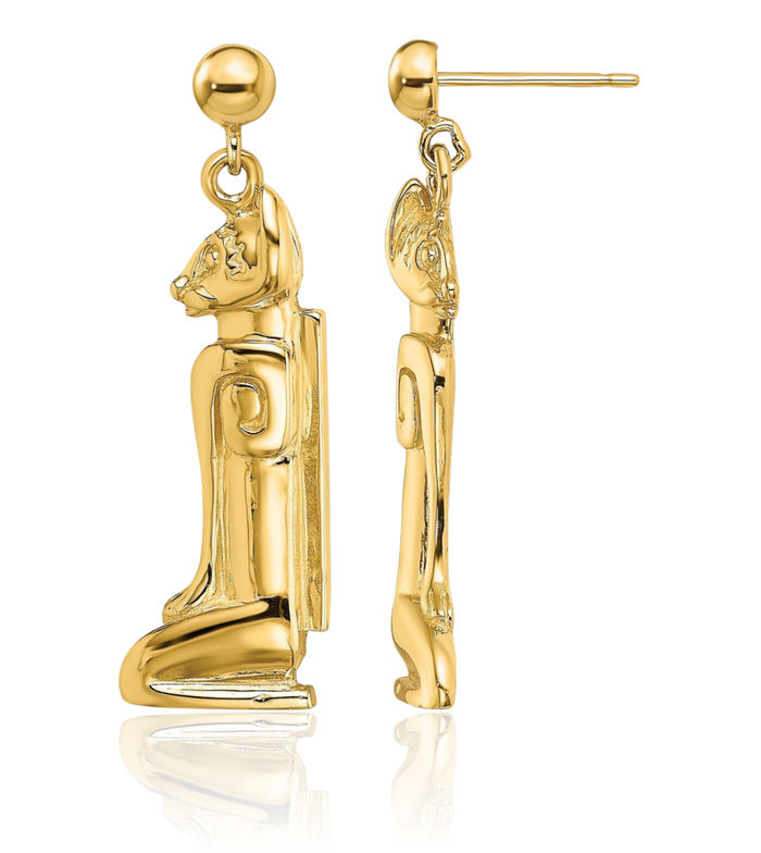 14K Solid Yellow Gold Marco Island Cat Drop Dangle Earrings