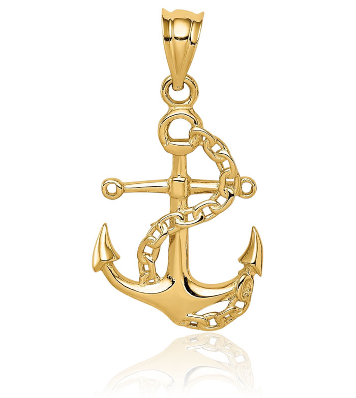 14K Solid Yellow Gold Anchor Mariner Link Chain Necklace Nautical Charm Pendant