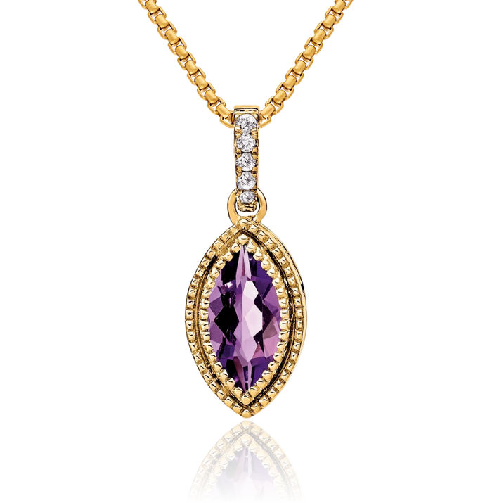 14K Solid Yellow Gold Marquise Purple Amethyst Diamond Necklace Charm Gemstone Pendant