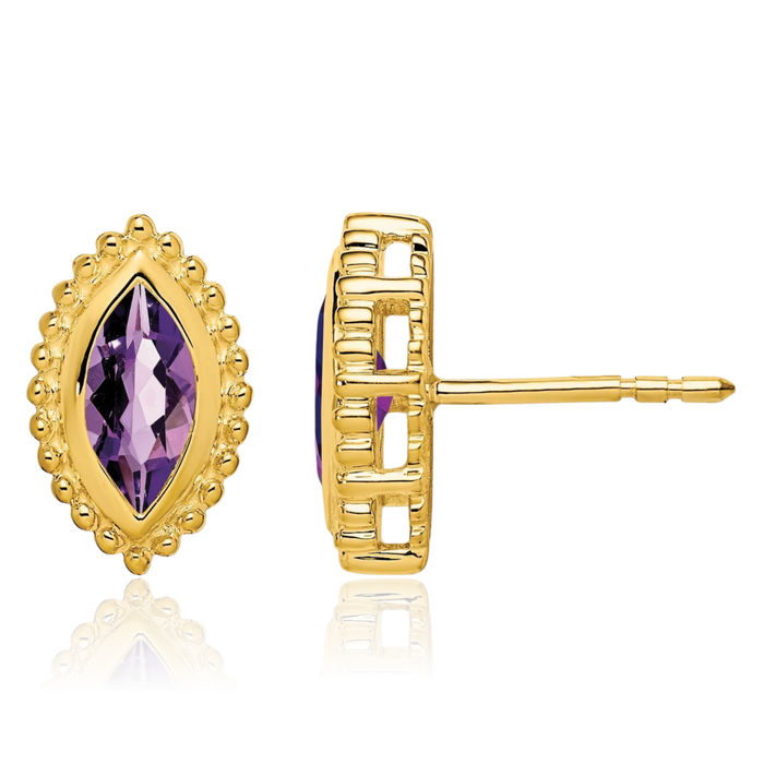 14K Solid Yellow Gold Marquise Purple Amethyst Stud Earrings February Birthstone Jewelry