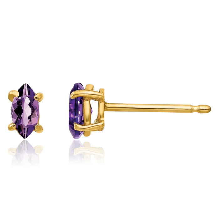 14K Solid Yellow Gold Marquise Purple Amethyst Studs Gemstone Earrings February Birthstone Jewelry