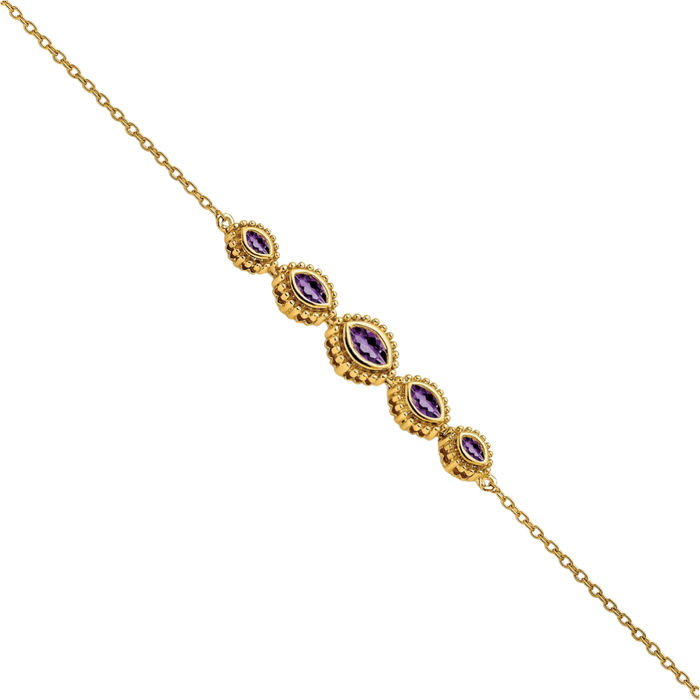 14K Solid Yellow Gold Marquise Purple Amethyst Chain Gemstone Tennis Bracelet