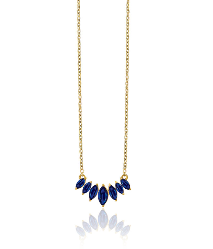 14K Solid Yellow Gold Marquise Blue Sapphire Chain Bar Necklace