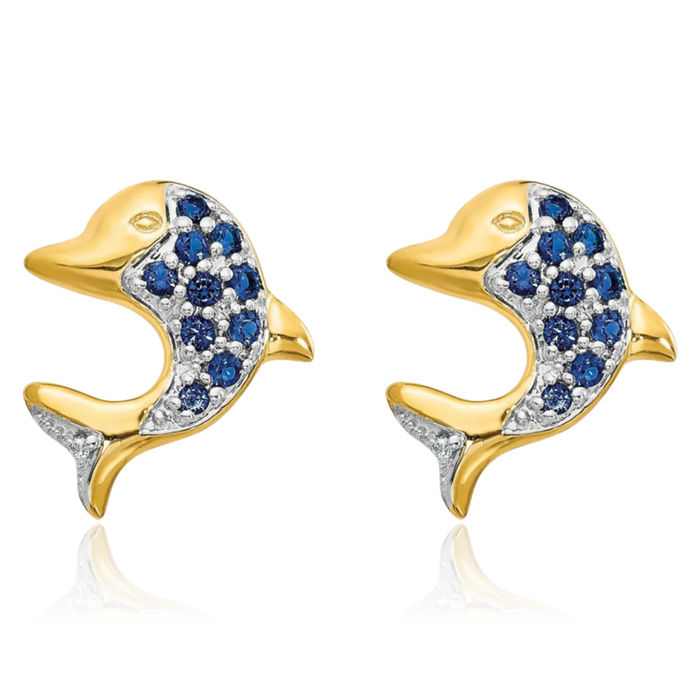 14K Solid Yellow Gold Marquise Blue Sapphire Diamond Sea Dolphin Ocean Fish Beach Nautical Stud Earrings