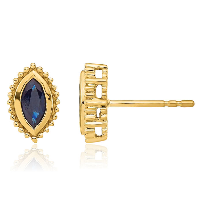 14K Solid Yellow Gold Marquise Blue Sapphire Stud Earrings September Birthstone Jewelry