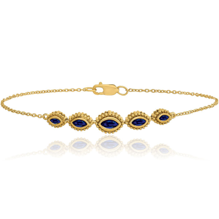 14K Solid Yellow Gold Marquise Blue Sapphire Chain Gemstone Tennis Bracelet