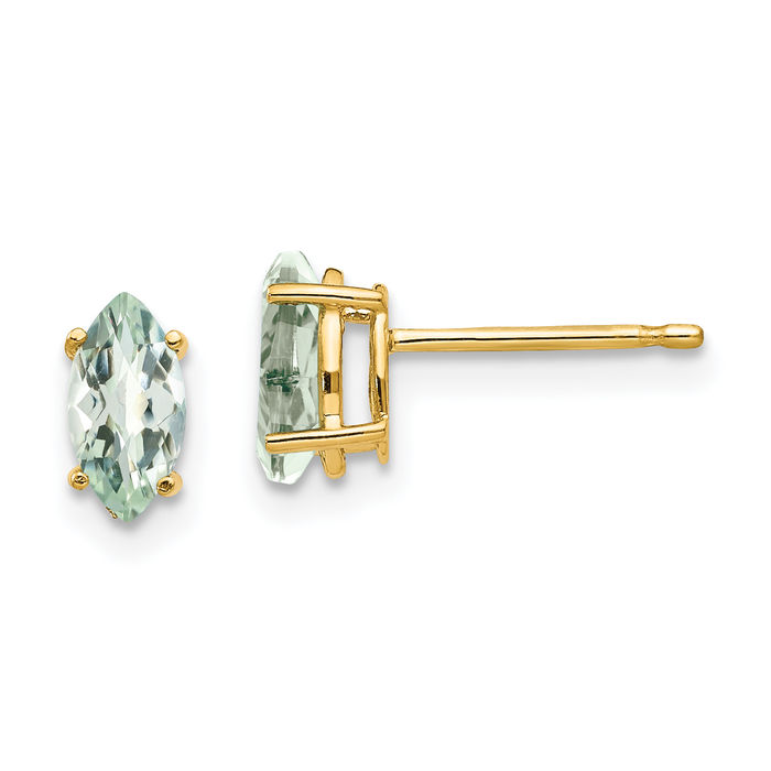 14K Solid Yellow Gold Marquise Checker Cut Green Quartz Studs Gemstone Earrings August Birthstone Jewelry