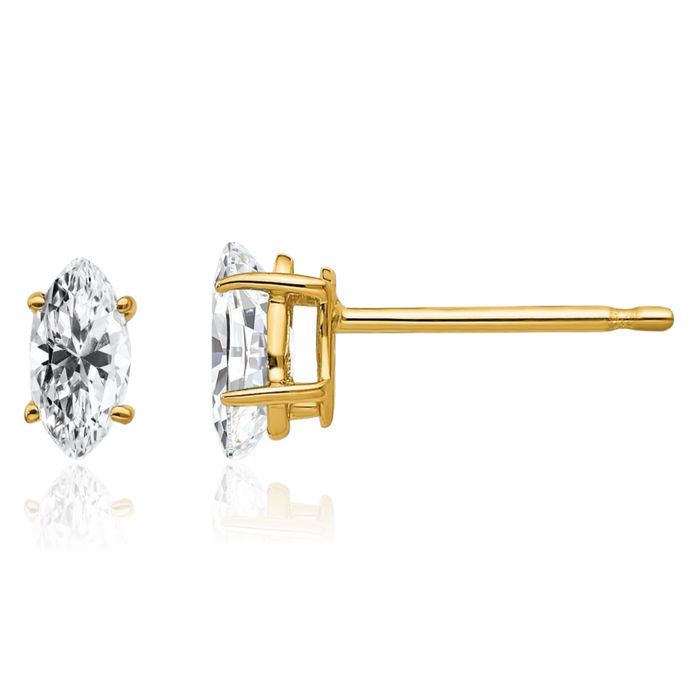 14K Solid Yellow Gold Marquise Cubic Zirconia CZ Studs Gemstone Earrings April Birthstone Jewelry