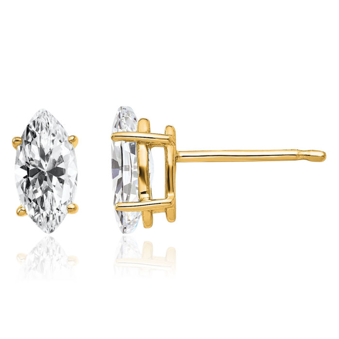 14K Solid Yellow Gold Marquise Cubic Zirconia CZ Studs Gemstone Earrings April Birthstone Jewelry