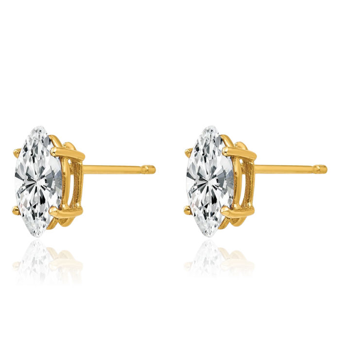 14K Solid Yellow Gold Marquise Cubic Zirconia CZ Studs Gemstone Earrings April Birthstone Jewelry