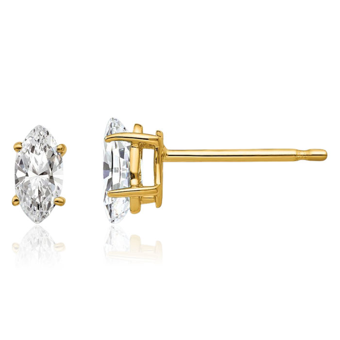 14K Solid Yellow Gold Marquise Cubic Zirconia CZ Studs Gemstone Earrings April Birthstone Jewelry